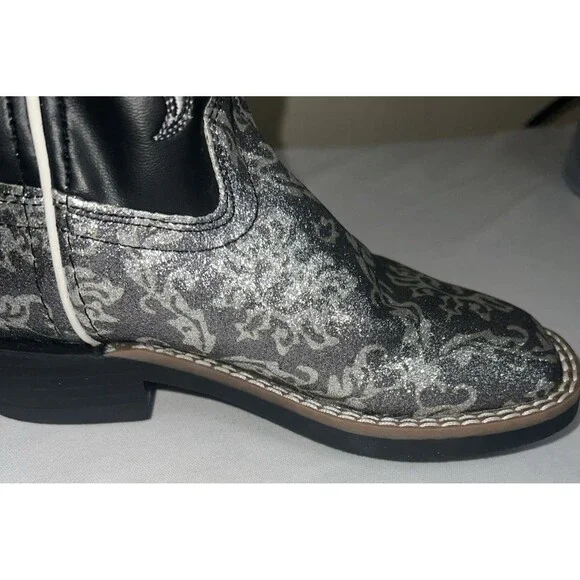 OLD WEST KIDS SQUARE TOE BLACK METALLIC SILVER BOOTS SIZE 11 - Picture 10 of 14